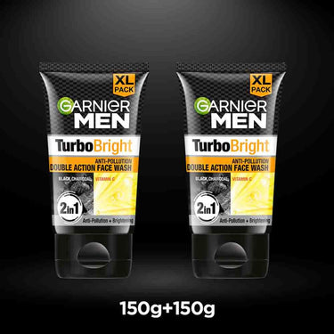 Garnier Men Turbo Bright Double Action Face Wash, Deep Cleansing Anti Pollution Face Wash with Charcoal and Vitamin C, Suitable for all Skin Types, 150g x2 (Pack of 2)